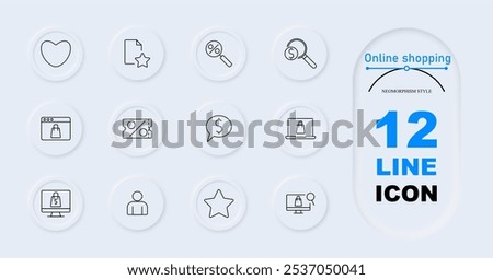 Online shopping icon. Heart, favorite document, percent magnifier, dollar magnifier, webpage, discount coupon, price chat, online cart, profile. E-commerce, shopping discounts, customer interaction