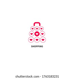 Online shopping icon with hearts, online shopping, shopping bag, present. Vector symbol