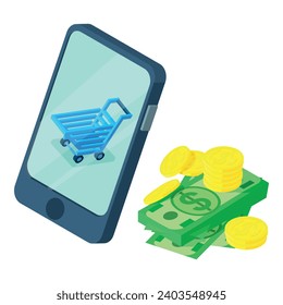 Online shopping icon isometric vector. Cash and shop cart on smartphone screen. Finance, e commerce, internet shopping