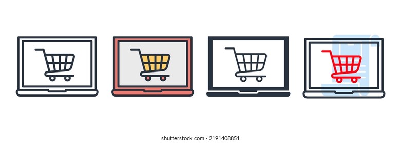 online shopping icon logo vector illustration. Computer display with shopping cart symbol template for graphic and web design collection