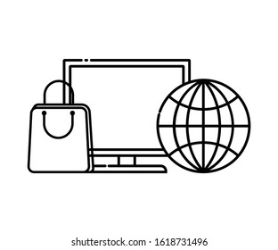 online shopping icon on the computer. isolated computer icons shopping bag and internet icons