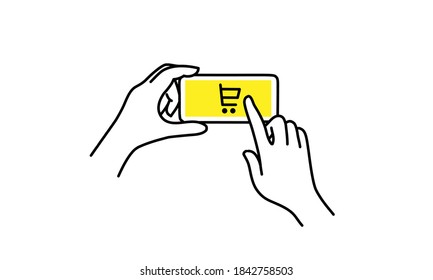 Online shopping icon on smart-phone screen. Human hand presses the shopping button. Vector illustration.