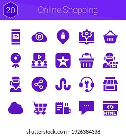 online shopping icon set. 20 filled icons on theme online shopping. collection of Cloud computing, Movie, Email, Shopping cart, Store, Webcam, Html, Customer support, Pc cloud