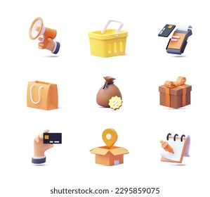 Online shopping icon set. 3d icons. Shopping basket, gift box, bag, shipping or delivery, payment, shopping list, card, discount, promotion and advertising, bonus