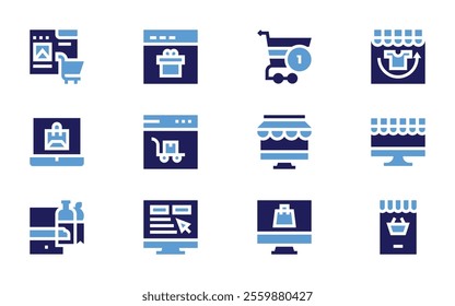 Online shopping icon set. Bold style. Duotone colors. shoppingcart, shopping, shoppingonline, laptop, ecommerce, browser, addtofavorites.