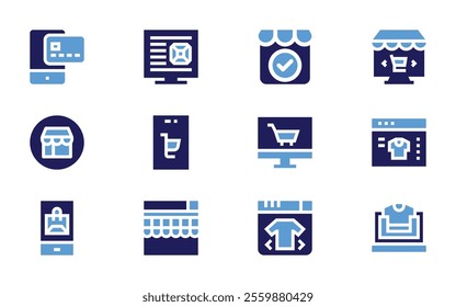 Online shopping icon set. Bold style. Duotone colors. shop, onlineshopping, shoppingapp, onlinepayment, onlinestore, onlineshop, ecommerce, store.