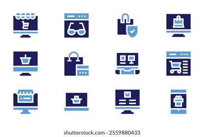 Online shopping icon set. Bold style. Duotone colors. onlineshopping, shoppingcart, shoppingbag, shoppingonline, computer, glasses, electronics, smartphone.