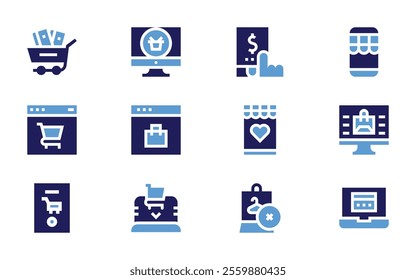 Online shopping icon set. Bold style. Duotone colors. onlineshopping, shoppingcart, shoppingbag, ecommerce, shopping, mobilestore, wishlist, mobilebanking.