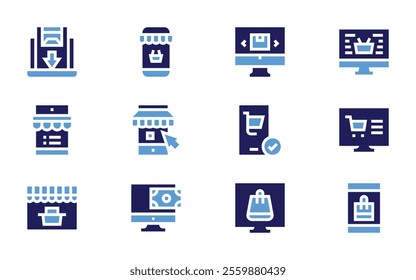 Online shopping icon set. Bold style. Duotone colors. onlineshopping, onlinestore, shoppingcart, onlineshop, shoppingonline, ecommerce, discount.