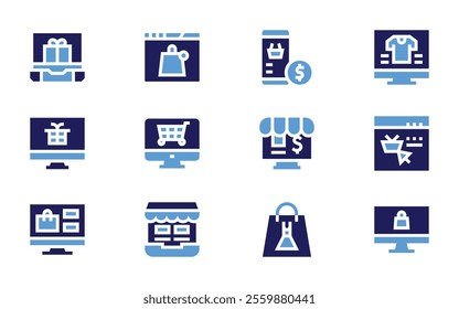 Online shopping icon set. Bold style. Duotone colors. onlineshopping, shoppingbag, shopping, onlineshop, ecommerce, gift, giftbox, tshirt, mobilepayment.