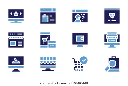 Online shopping icon set. Bold style. Duotone colors. onlineshopping, onlinestore, shoppingcart, jewel, customerservice, ewallet, search.