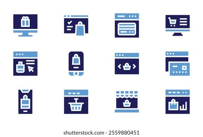 Online shopping icon set. Bold style. Duotone colors. onlineshopping, onlinestore, onlineshop, shoppingonline, ecommerce, computer.