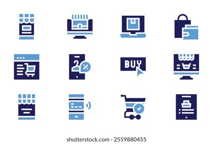 Online shopping icon set. Bold style. Duotone colors. onlineshopping, onlineorder, onlineshop, cart, buy, paymentmethod, laptop.
