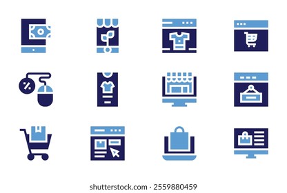 Online shopping icon set. Bold style. Duotone colors. onlineshopping, onlineshop, onlinesale, sale, ecommerce, webbrowser, growth.