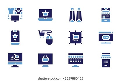 Online shopping icon set. Bold style. Duotone colors. onlineshopping, ecommerce, onlineshop, shoppingcart, shoppingbags, ticket, marketplace.