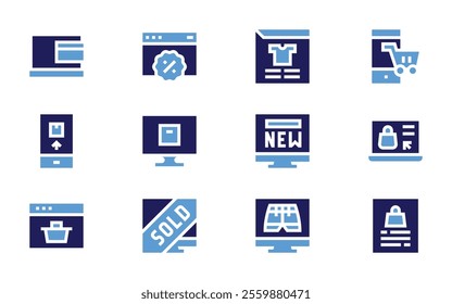 Online shopping icon set. Bold style. Duotone colors. onlineshopping, onlineshop, web, banking, onlineorder, newproduct, sold, shorts, review.