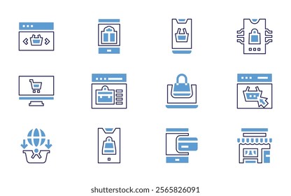 Online shopping icon set. Bold line style. Duotone colors. Editable stroke. onlineshopping, shoppingcart, shoppingbag, ecommerce, onlinepayment, glasses, shop.