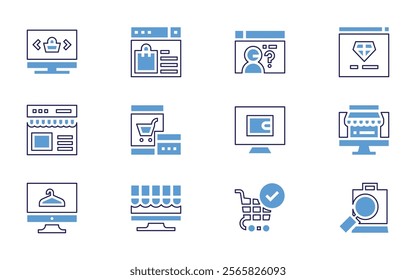 Online shopping icon set. Bold line style. Duotone colors. Editable stroke. onlineshopping, shoppingonline, laptop, shoppingcart, jewel, customerservice, ewallet, search.