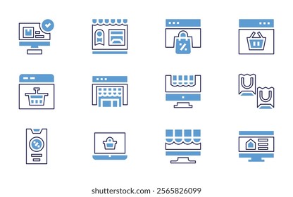 Online shopping icon set. Bold line style. Duotone colors. Editable stroke. onlineshopping, shoppingcart, shoppingbags, onlineshop, ecommerce, shopping, mobilestore.