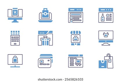 Online shopping icon set. Bold line style. Duotone colors. Editable stroke. onlineshopping, shoppingbags, shopping, onlineshop, ecommerce, winebottle, online, gift, giftbox.