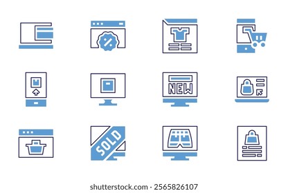 Online shopping icon set. Bold line style. Duotone colors. Editable stroke. onlineshopping, shoppingbag, shoppingonline, onlinestore, monitor, newproduct, shorts, review.