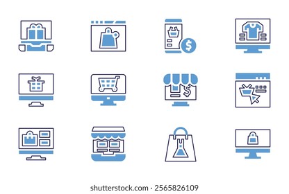 Online shopping icon set. Bold line style. Duotone colors. Editable stroke. onlineshopping, shoppingbag, shoppingcart, onlinesale, ecommerce, buy, tshirt, growth, mobilepayment.