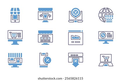 Online shopping icon set. Bold line style. Duotone colors. Editable stroke. onlineshopping, onlinetrading, onlinediscount, onlinesale, onlinestore, onlineshop, purchase, shoes, store.