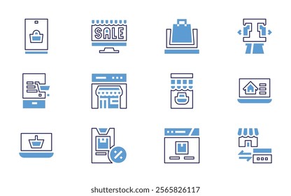 Online shopping icon set. Bold line style. Duotone colors. Editable stroke. onlineshopping, onlineshop, onlinestore, web, realestate, creditcardpayment, buy, sale.