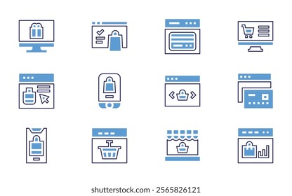 Online shopping icon set. Bold line style. Duotone colors. Editable stroke. onlineshopping, onlinestore, shoppingonline, marketplace, onlineshop, mobilephone, screen.