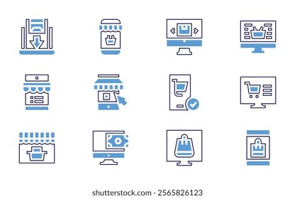 Online shopping icon set. Bold line style. Duotone colors. Editable stroke. onlineshopping, onlinestore, shoppingcart, onlineshop.