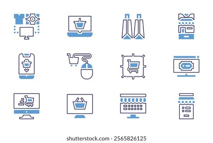 Online shopping icon set. Bold line style. Duotone colors. Editable stroke. onlineshopping, onlineshop, shoppingcart, shoppingbags, ticket, marketplace.