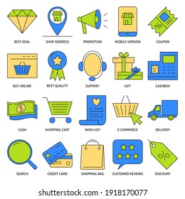 Online shopping icon set in colored line style. Internet commerce symbols collection. Vector illustration.