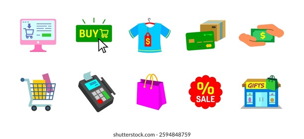 Online shopping icon set colored. E-commerce, payment and retail symbols collection. Digital transactions, checkout and delivery vector illustration. Store, discount and marketplace colorful pictogram