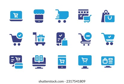 Juego de iconos de compras en línea. Color de duotona. Ilustración vectorial. Conteniendo compras en línea, carrito, bolsa de compras, ecommerce, carrito de compras, compra, remover del carro, tienda en línea. 