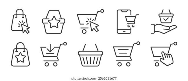 Online shopping icon set. E-commerce and retail line icons. Adding items to a cart, making purchases, and favorites. Vector illustration.