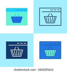 Online shopping icon set in flat and line style. Shopping cart on website page symbol. Vector illustration.