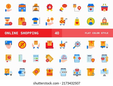 Online Shopping icon set flat color of vector icons. Can used for digital product, presentation, UI and many more.
