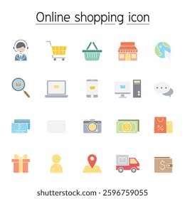 Online shopping icon set flat color style