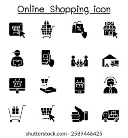 Online shopping icon set in glyph style