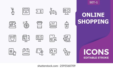 Online Shopping icon set. Includes symbols for shop, sale, marketing, cart, promotion, commerce, service and more. Online Sales line icons. Thin icon design. Collection of simple line web icons.