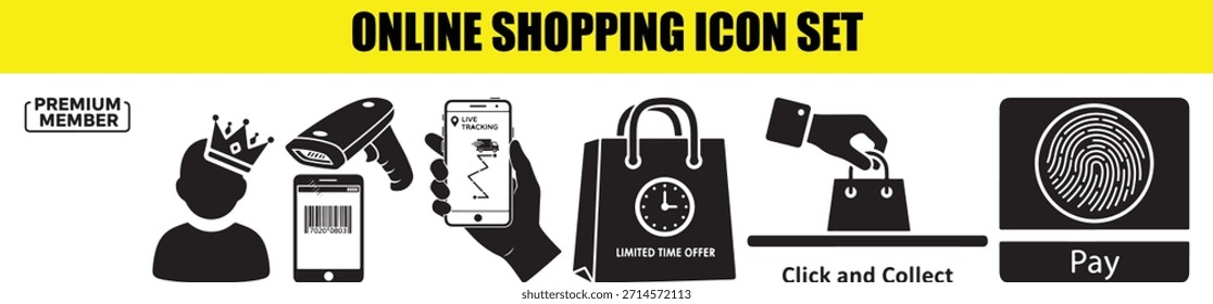 El conjunto de iconos de compras en línea incluye perfil de miembro premium, escáner de código de barras, teléfono móvil con seguimiento en vivo, bolso de compras de Oferta por tiempo limitado, servicio de Hacer clic y cobro, y Botón de pago con sensor de huellas dactilares.