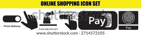 Online shopping icon set includes prime delivery toggle switch, click and collect with a hand placing a bag, a pay button with a fingerprint scanner, and a standalone fingerprint sensor.