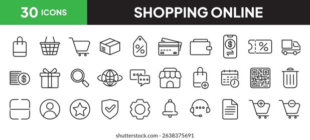 Online shopping icon set in line style. Collection of e-commerce and retail linier icons. including shopping bag, cart, package, wallet, credit card, discount, gift, store, etc. Editable stroke