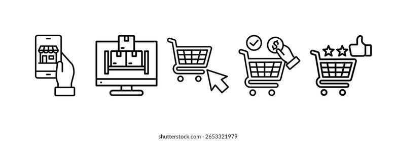 Online Shopping Icon Set Multiple Style Collection, Contendo design e-Commerce, Vitrine Digital, Cart Checkout, Experiência de Compras