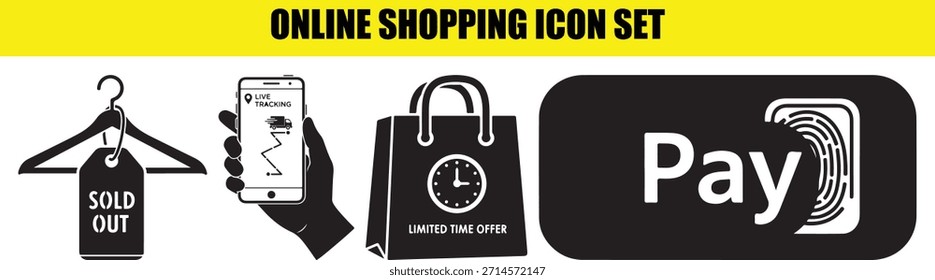 Conjunto de íconos de compras en línea con múltiples Vectores, incluida la etiqueta agotada en una percha, un teléfono móvil que muestra el seguimiento en vivo, una bolsa de compras con un reloj de Oferta por tiempo limitado y un Botón de pago con un escáner de huellas dactilares.