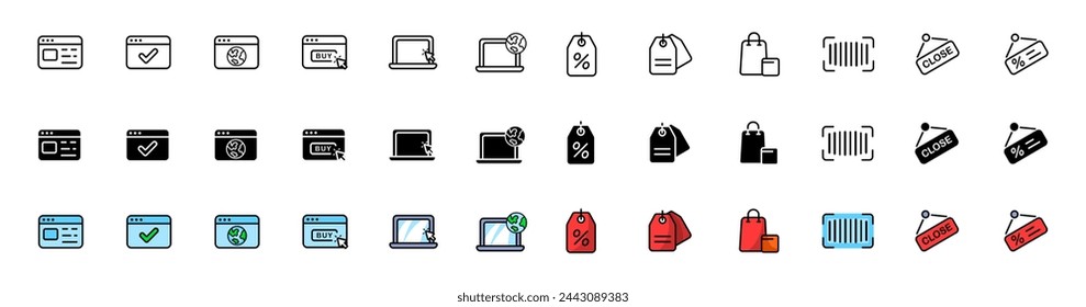 Online shopping icon set. Online shop icons. Linear, silhouette and flat style. Vector icons