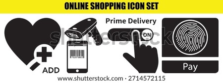Online shopping icon set showcasing key e-commerce functions. Features heart with add button, barcode scanner with mobile, prime delivery toggle on, and secure fingerprint pay symbol for transactions.