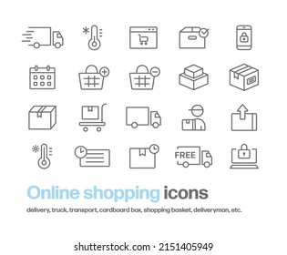 Online shopping icon set  Simple line drawing icons for trucks  temperature control  shopping carts  delivery  delivery staff  time designation  smartphones  laptops  etc 