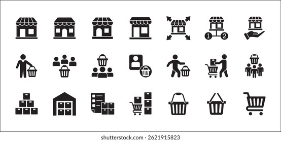 Online shopping icon set. Online store icon. Consumer and goods icons. Set contains symbol of marketplace, network branch store, front shop, shopping basket, trolley, goods stock. vector illustration