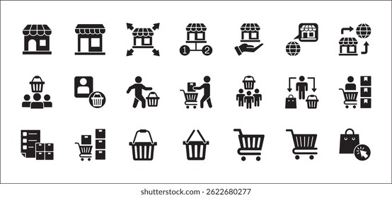 Online shopping icon set. Online store icon. Consumer and goods icons. Set contains symbol of marketplace, network branch store, front shop, shopping basket, trolley, goods stock. vector illustration